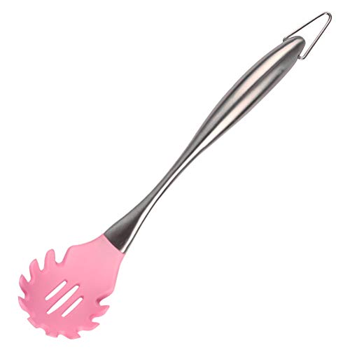 BESTONZON Stainless Steel Handle Silicone Slotted Spaghetti Spoon Non-Stick Cooking Colander Kitchen Utensil Cookware for Home Restaurant Pink