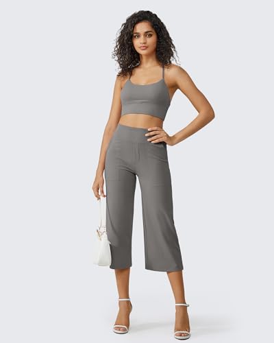 Image of G4Free Capri Pants for Women Wide Leg Yoga Dress Cropped Pants Capri Leggings with Pockets for Casual Summer
