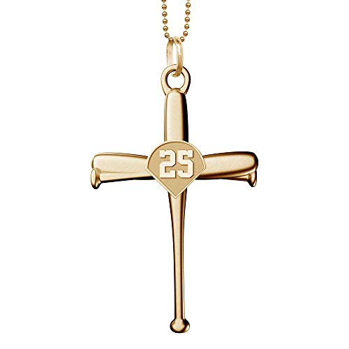 PicturesOnGold.com Yellow Gold Stainless Baseball Bat Cross Pendant with Number w/ 20 inch Chain - 3/4 inch x 1 1/4 Inch Number 10