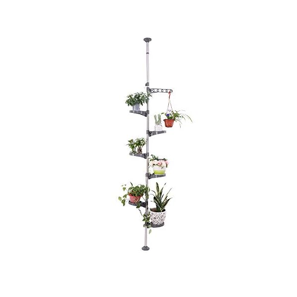 BAOYOUNI 7-Tier Indoor Plant Pole Spring Tension Rod Expandable Flower Pots Display Rack Stand Hanger Metal Corner Storage Shelf, Grey