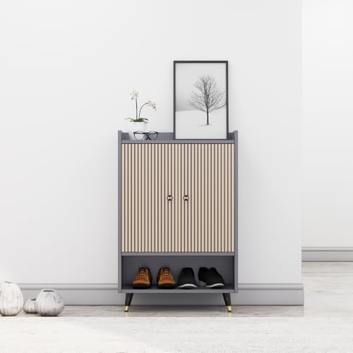 Image of Bniture Engineered Wood Shoe Cabinet with Door | Shoe Rack Wooden with Metal Legs | Sturdy and Stylish Wooden Cabinet for Home | Multipurpose Shoe Rack with 3D Fluted Panel (Grey & Giant Wood)