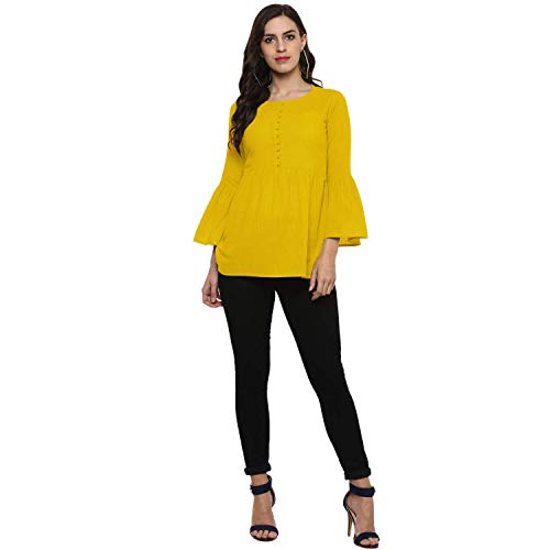 Image of Cotton Plain and Solid Bell Sleeve A-Line Short Round Neck Flared Tunic Top for Girls Women