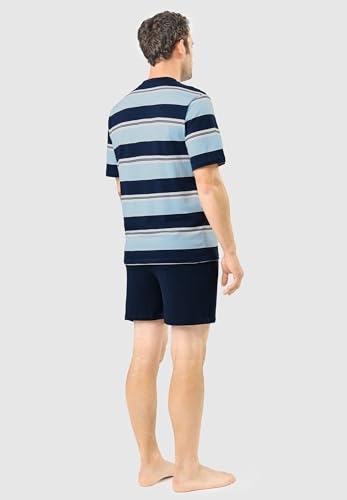 El Búho Nocturno Mens Pajama Set Short Sleeve Summer Cotton Knit Striped Pajama Set for Men, 100% Cotton, Blue 3082, L3