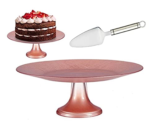Tartera vidrio 33cm con pie rosa pastel - plato para portres de cristal con pie y Pala Tartas Acero Inoxidable