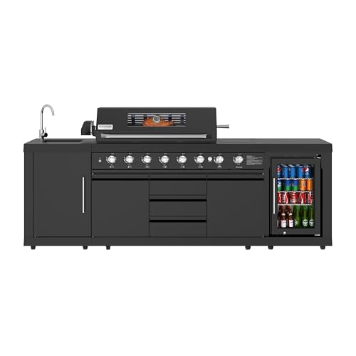 Image of KoolMore Reserve Outdoor Kitchen Island with 6 Burner Grill and a Side Burner, Sink, Storage Cabinet, and Beverage Refrigerator, CSA Listed in Sleek Black