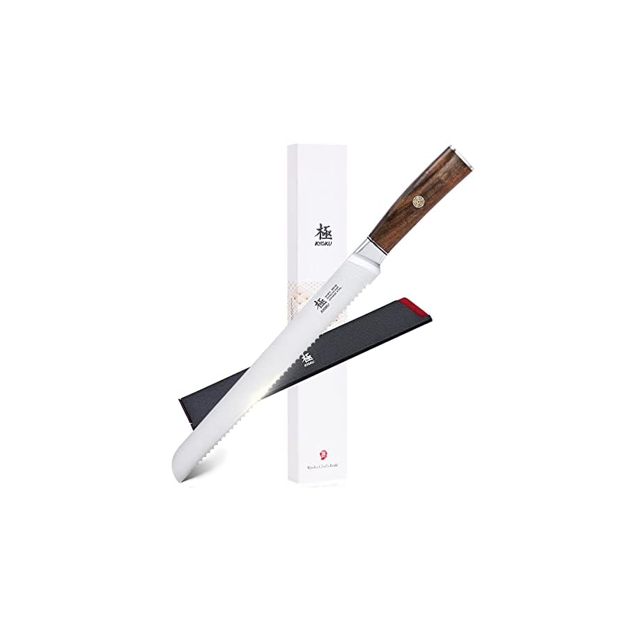 KYOKU-10-Inch-Bread-Knife-Daimyo-Series-Serrated-Knife-with-Ergonomic-Rosewood-Handle-and-Mosaic-Pin-Japanese-440C-Stainless-Steel-Bread-Cutter-with-Sheath-and-Case KYOKU 10 Inch Bread Knife - Daimyo Series - Serrated Knife with Ergonomic Rosewood Handle, and Mosaic Pin - Japanese 440C Stainless Steel Bread Cutter with Sheath and Case