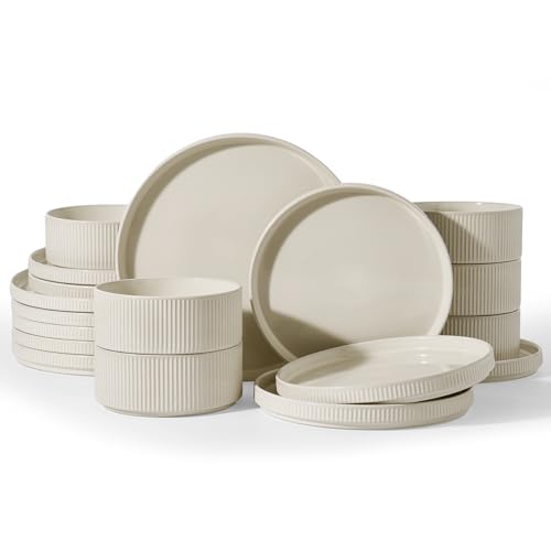 Image of Famiware Stoneware Dinnerware Sets for 8, 24pc Rimmed Plates, Bowls, Dishes | Chip & Scratch Resistant Ceramic, Microwave & Dishwasher Safe, Everyday & Formal Use, Modern Rustic, Lipped Edges, Oat White