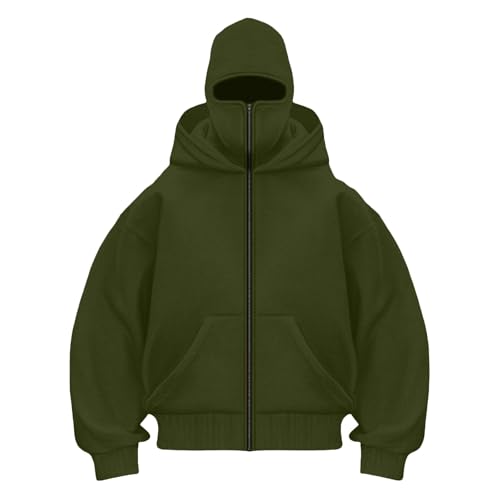 HUBGFEQ 2025 Autumn Winter Men's Women's Casual Sportswear with Hooded Mask Design Sporty Plus Size Hoodie-Army Green-L