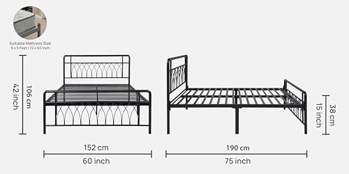 Image of Jexx Metal Queen Size Bed Without Storage | Wrought Iron Double Bed with Headboard & Footboard | Sturdy Powder Coated Platform Bed Queen Size Cot for BedroomLivingRoom Black (75x60)