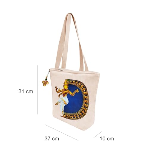 Image of Hand-Printed Tote Bag with Classical Design-Reusable, Zipper Closure For Women & Girls
