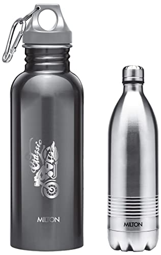 Image of Milton Thermosteel Duo Deluxe-1000 Bottle Style Vacuum Flask, 1 Litre, Silver + Milton Alive 750 Stainless Steel Water Bottle, 750 ml, Black