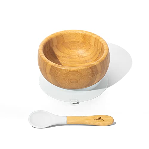 Image of Avanchy Bamboo Baby Bowl with Spoon and Removable Silicone Suction Base – Non-Toxic, BPA-Free Feeding Bowl for Babies and Toddlers – Natural Bamboo Suction Bowl, White