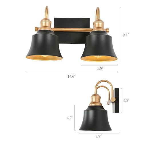 Image of KSANA Black Gold Vanity Lights, 2 Light Bathroom Light Fixtures Over Mirror Modern Farmhouse Vanity Lights for Bathroom, Bedroom, Kitchen