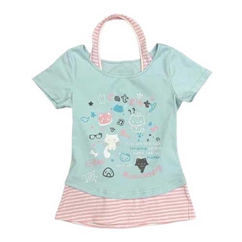 Kawaii Cutecore Harajuku Vintage Y2k 2000s Tops Summer Alt Goth Emo Short Sleeve Graphic Tees (Blue,Small)