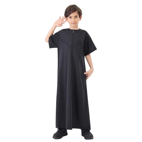 Kids Boys Thobe Muslim Robe Short Sleeve Crew Neck Arab Kaftans Islamic Caftan Arabic Abaya with Pocket 5
