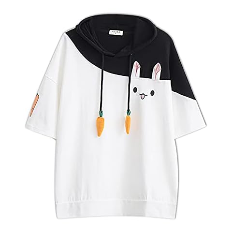 Kawaii Girls T-shirt Japanese School Style Short Sleeve Hoodie Cartoon Bunny Printed Sweatshirts with Carrot Drawstring White Cover