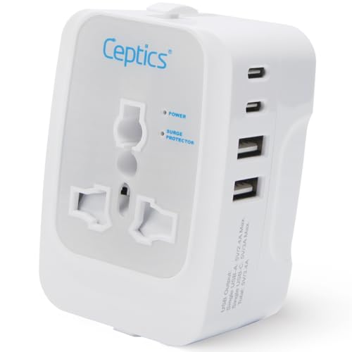 Image of Ceptics Universal Charger Adapter, 5 in 1 Universal Travel Adapter with Type C, 17W Universal Travel Adapter All in One, Universal Travel Essentials with 2 USB A, 2 USB-C 3.4A Universal Adaptor, White