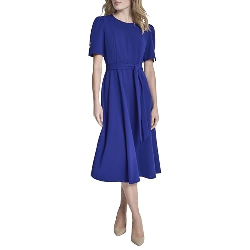 DKNY Womens Short Puff Sleeve Jewel Neck Midi Dress Removable Belt Scuba Crepe Dress Marine 12