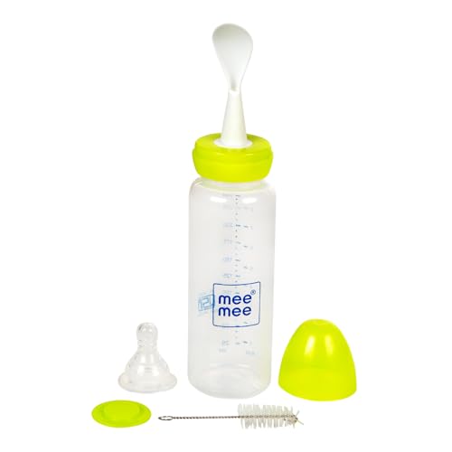 Mee Mee Baby Feeding Bottle with Spoon| BPA Free| Easy to Squeeze Bottle| Storage Friendly| Multifunctional Anti-Colic Feeding Bottle with Spoon|0 Months to 3 Years Baby/Kids 250ml Capacity(Green)