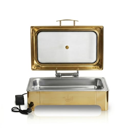 Image of Malabar Stainless Steel Chafing Dish with Transparent Lid, Rectangular Chafing Dish Set with Hydraulic Lid, Mirror Finished Buffet Food Warmer (Electric, 9 LTR - Gold)