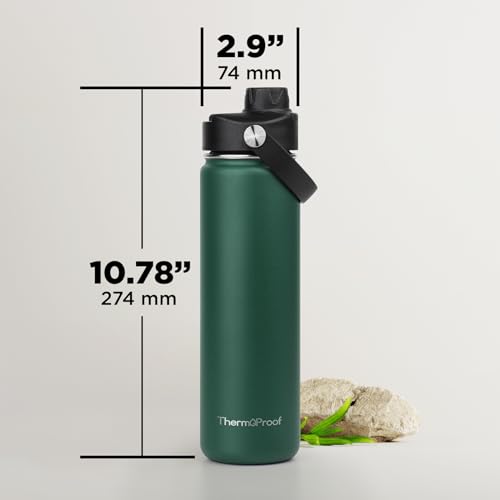 Image of ThermoProof Double-Walled Vacuum Insulated Stainless Steel Water Bottle - Wide Mouth with Chug & Spout Lids, Dishwasher Safe, Reusable, Leakproof, Hot & Cold for Men, Women - 22oz, Forest Green