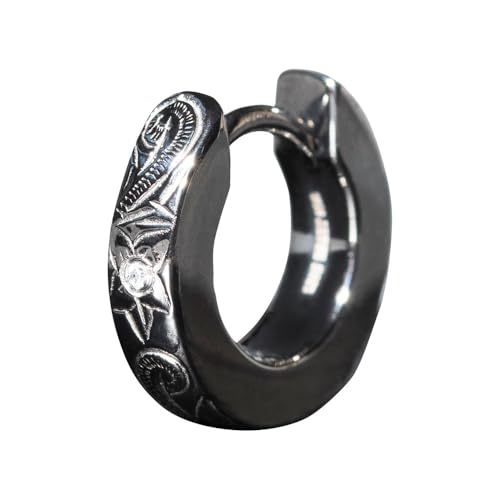 ライオンハート ラッピング済 別注 ハワイアン フープピアス ストーン サージカルステンレス ダイヤモンド 金属アレルギー対応 片耳用 1点売り 別注ポーチ付き メンズ ブランド LION HEART (ブラック)