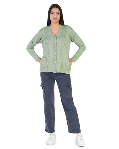 Image of MANRA Women's Woolen V-Neck Buttoned Full Sleeve Cardigan Self Design Soft Wool Fabric Winter Wear Pure Wool Sweater Fully Warm with Front Pockets Stylish Cardigan