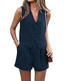 PRETTYGARDEN Womens 2 Piece Club Outfits Dressy Casual Deep V Neck Button Crop Tops Loose Fit Shorts Sets For Holiday(Solid Navy,X-Small)