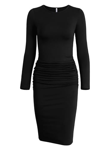 Missufe Long Sleeve Ruched Casual Sundress Women's Knee Legnth Bodycon Sheath Dress (Black, Large)
