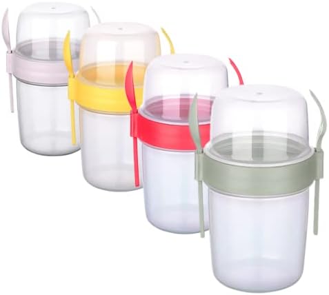 EYNEL 4 Pack On The Go 22 oz Breakfast Cups with Lids and Spoon, Reusable Cereal Yogurt Cup with Topping Plastic Milk Jar Overnight Oats Container for Granola Oatmeal To Take Along (22 oz - 4 Colors Set)