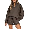 Aleumdr Women Two Piece Sweat Set 2024 Fall Clothes Outfits Fleece Long Sleeve Loose Fleece Sweatshirt with Pajamas Short Sets Casual Comfy Athletic Tracksuit Brown Large