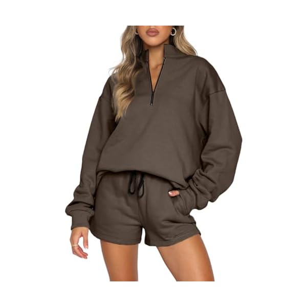 Aleumdr Women Two Piece Sweat Set 2024 Fall Clothes Outfits Fleece Long Sleeve Loose Fleece Sweatshirt with Pajamas Short Sets Casual Comfy Athletic Tracksuit Brown Large