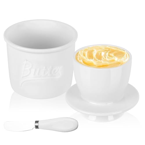 Mantequera de Cerámica, Recipiente para Mantequilla con Tapa, Refrigerado por Agua, 5.2 Onzas Mantequillera Francesa, Butter Dish con Espátula, para Guardar Mantequilla Fresca, Suave, lista para Comer