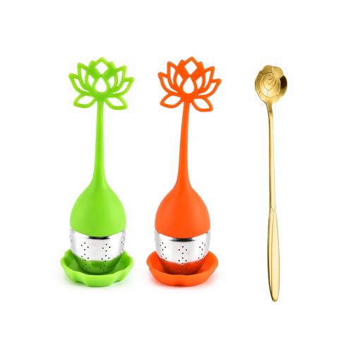 JOVYTH Infuseur à Thé en Vrac, Lot de 2 Feuilles (Vert, Orange Lotus) + Cuillère Rose Dorée 18cm. Inox & Silicone, Passoire Mailles Fines, Poignées,...