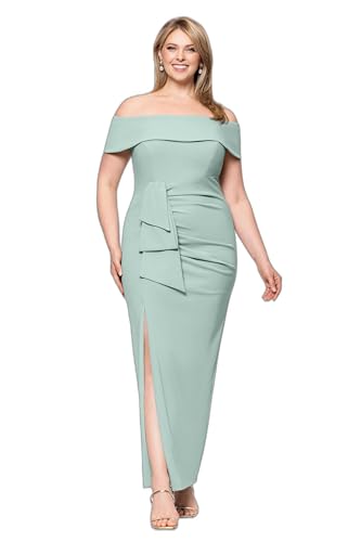 Image of Xscape Women's Plus Size Off Shoulder Straight Neck Evening Gown with Foldover Cuff, Side Ruffle, Leg Slit, Fitted Formal Dress, Sage, 18W