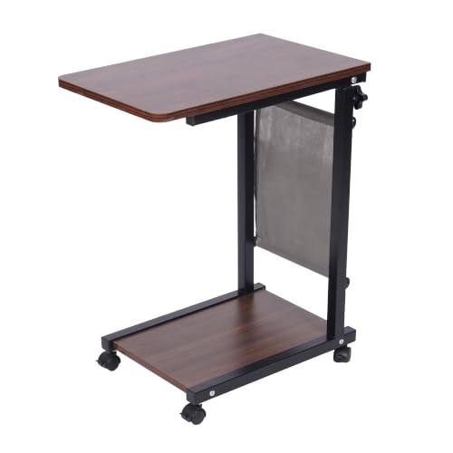 Image of BonKaso Height Adjustable Side Table with Wheels, Rolling Sofa Bedside Laptop Table, Wooden Top, Storage Pocket, Lower Shelf, Lockable Castors, Mild Steel Frame for Tea Work Reading Meals - Walnut