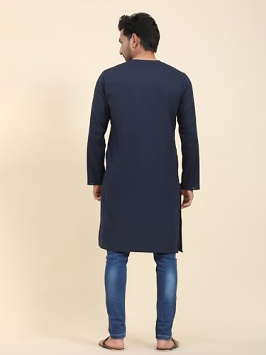 Image of Amazon Brand - Anarva Men's Cotton Solid Round Neck Kurta Long Sleeves Straight Knee Length Casual Shirt