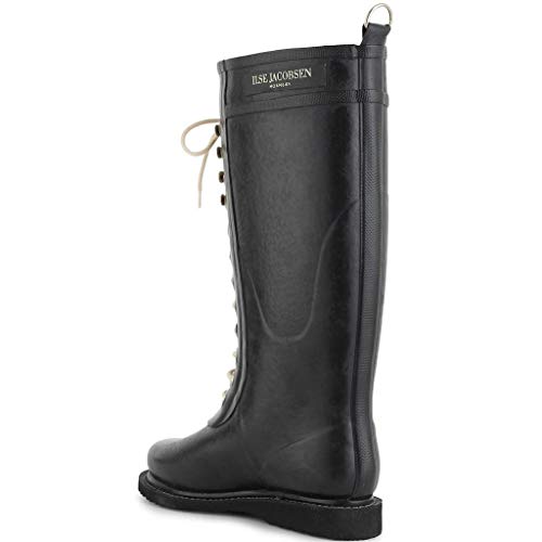 Ilse Jacobsen HORNBÆK | Lange Damen Gummistiefel aus Natur Bio Gummi | Wasserdicht | PVC Frei | Hohe Stiefel mit Schnürsenkel aus Baumwolle | Dänisches Design | RUB1 | Black | 40 EU