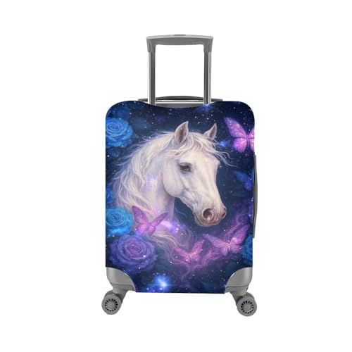 Image of Mumeson Butterfly White Horse Travel Luggage Cover Suitcase Protector Fit 18 19 20 21 Inch for Women Portable Suitcase Dust Cover Elastic Easy to Install