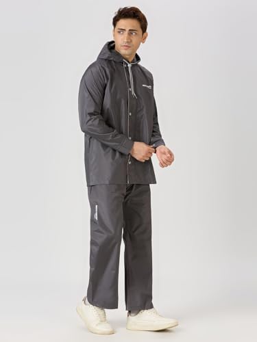 Image of ZEEL Water Fighter Rain Coat For Men with Adjustable Hood, Polyester Waterproof Full Sleeves, Top and Bottom Set Rainwear, Front Zip with Flap, Lightweight Raincoat (EWF79, Asphalt, 3XL)