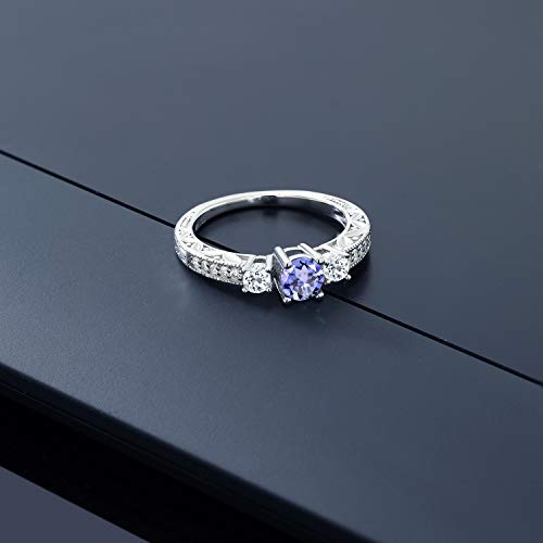 Gem Stone King 925 Sterling Silver Blue Tanzanite and White Topaz Engagement Ring For Women (0.87 Cttw, Round Gemstone Birthstone, Available in size 5, 6, 7, 8, 9)4