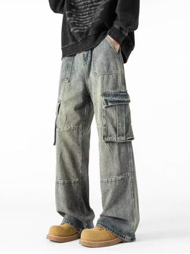Men's Baggy Cargo Jeans Straight-Leg Wide-Leg Pants Y2k Street Style Hip-hop Low Rise Multi-Pocket Distressed Pants3