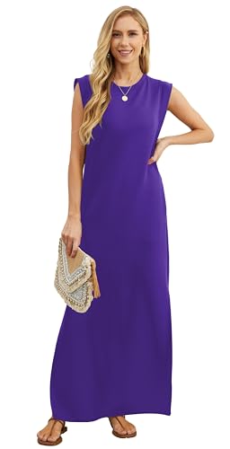 Image of GRECERELLE 2026 Women Year-Round Casual Round Neck Loose Split Wrinkle-Free Long Maxi Vacation Dress with Pockets (XXS-4XL)