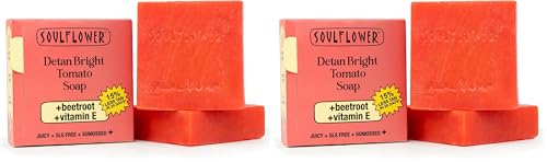 Image of Soulflower Juicy Red Tomato Soap for Tan Removal | Handmade Cold-Processed Natural Bathing Bar For Hard Water with Vitamin E & Beetroot|Skin Brightening, Anti-Acne & Pimple Care|All Skin Types|100g