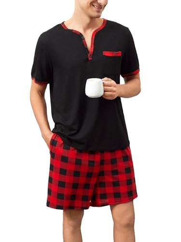 Mens Cotton Sleep Pajamas Set Soft Short Sleeve Henley Collar Black Solid Tops and Plaid Shorts Bottom