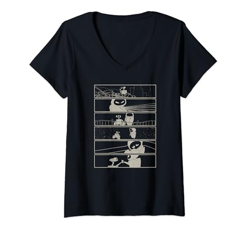 T-shirt WALL-E Disney Pixar pour femme avec col en V et motifs cases de film colorées