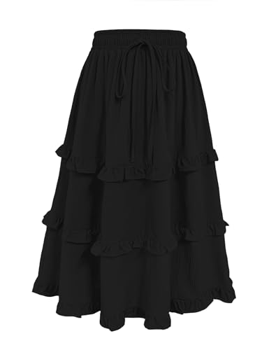 Image of Girls High Waisted Ruffle Maxi Skirt Soft Cotton Long Skirts with Elastic Waistband for Kid Girl 3-12 Years