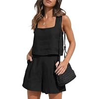KOEMCY Conjunto Deportivo Mujer De Lino 2 Piezas Cuello Cuadrado