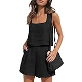 KOEMCY Conjunto Deportivo Mujer De Lino 2 Piezas Cuello Cuadrado Sin Mangas Pantalones Cortos y Crop Top Casual Lounge Ropa Verano para Hogar Calle Viaje Vacación Negro(L)