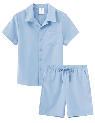 MoFiz Conjuntos Corto Niño Verano Conjuntos de ropa Para Vacaciones en la playa Chándal Informales Deportivos Manga Corta Camisas Botón y Pantalones Cortos Azul Talla M (140-152)